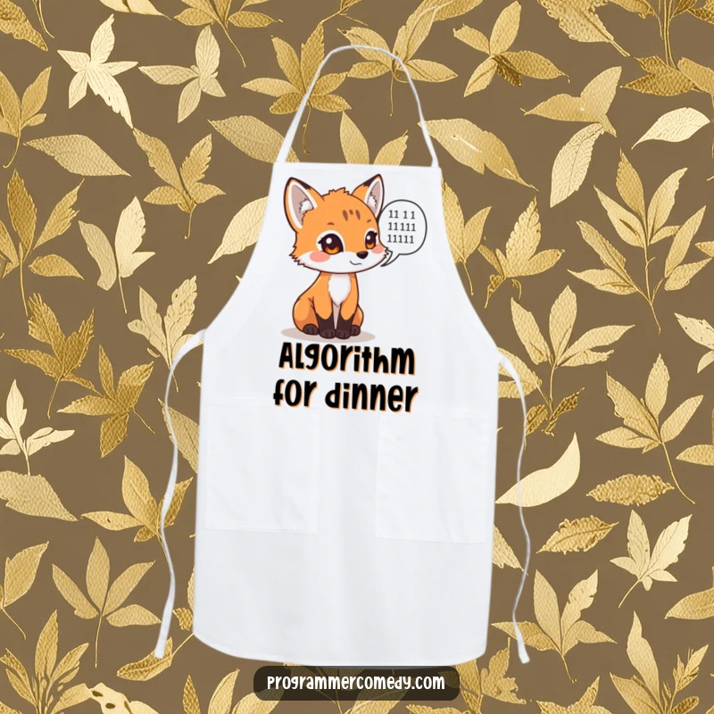 Funny fox cub with binary code speech bubble on a kitchen apron, a clever funny gift.