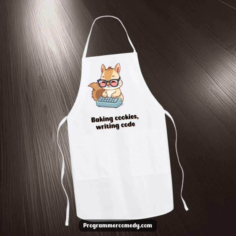Funny squirrel apron showing a cute squirrel in glasses typing on a tiny keyboard, ready for culinary fun.