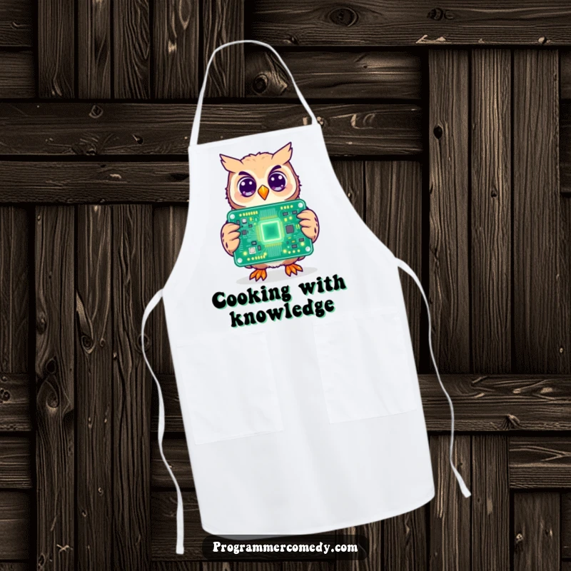 Funny owl apron showing a cheerful owl holding a large, illuminated circuit board, ready for culinary coding.