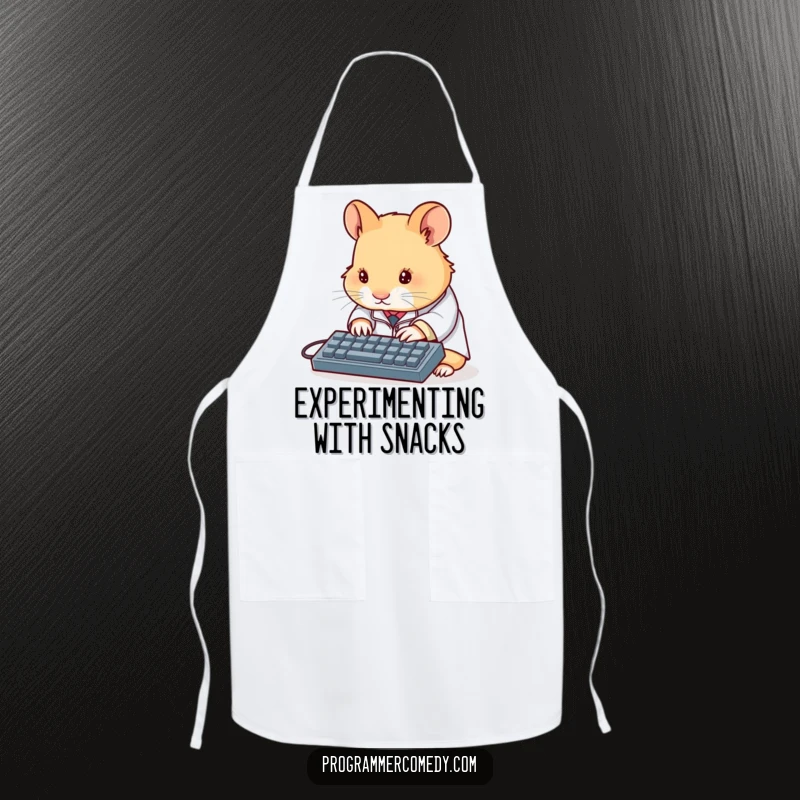 Funny hamster scientist apron showing a determined hamster in a tiny lab coat typing on a miniature keyboard, ready for humorous culinary experiments.