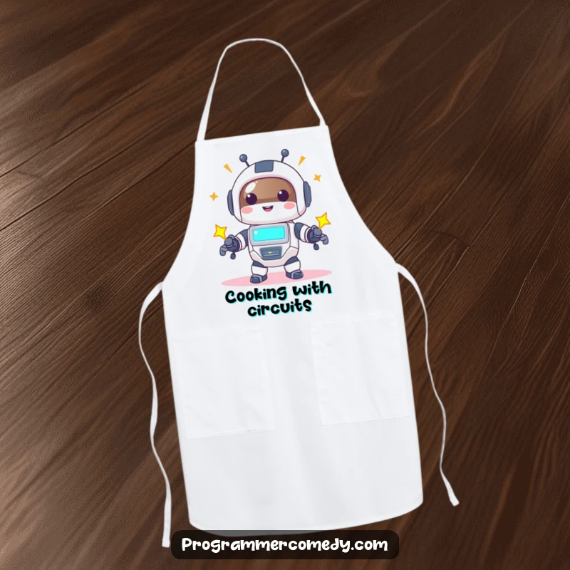 Funny robot animal apron showcasing a happy character powering up with a bright screen, ready for kitchen adventures.