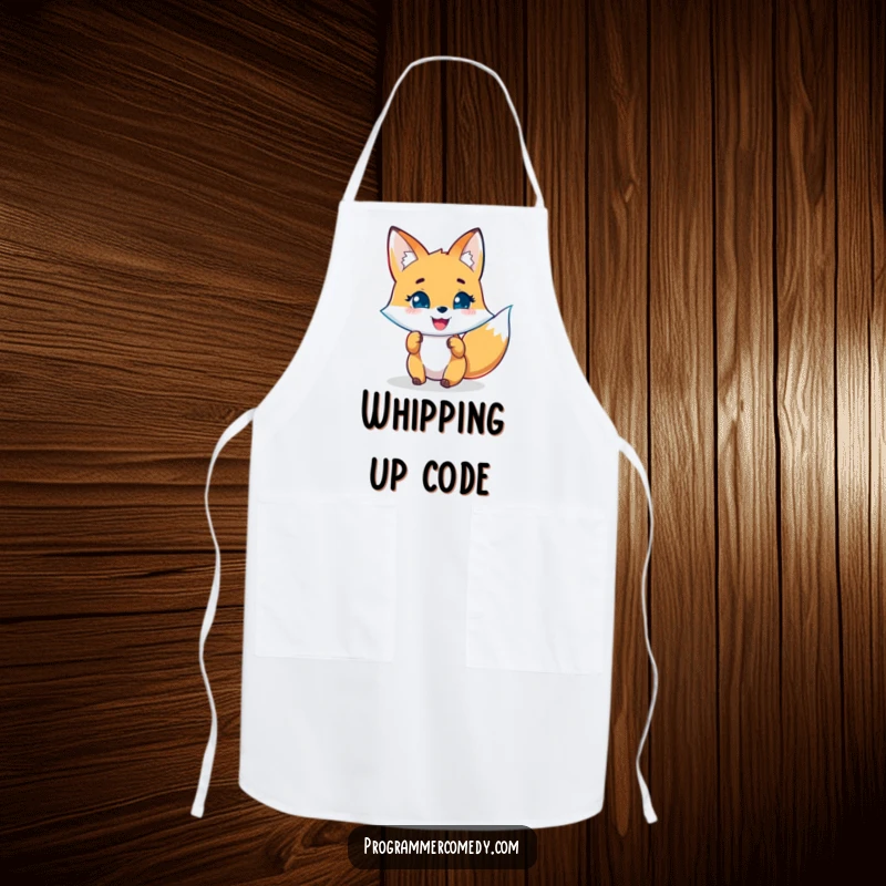 Funny fox apron showing a joyful character analyzing code on a holographic display, ready for culinary coding.