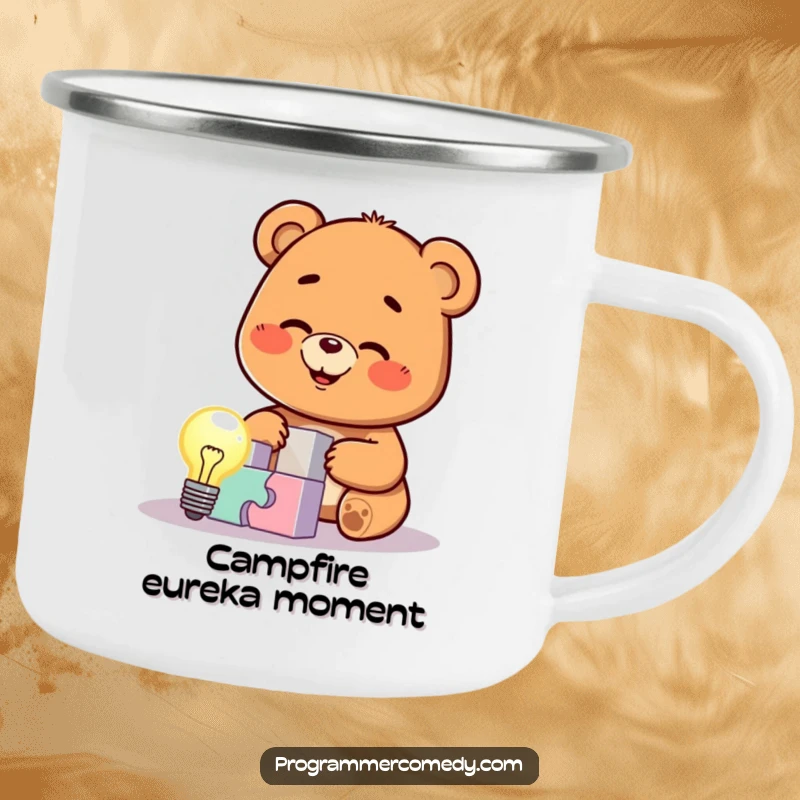 Funny bear cub character solving a puzzle with a glowing lightbulb, featured on a rugged camping mug, ideal for outdoor activities and gifts.