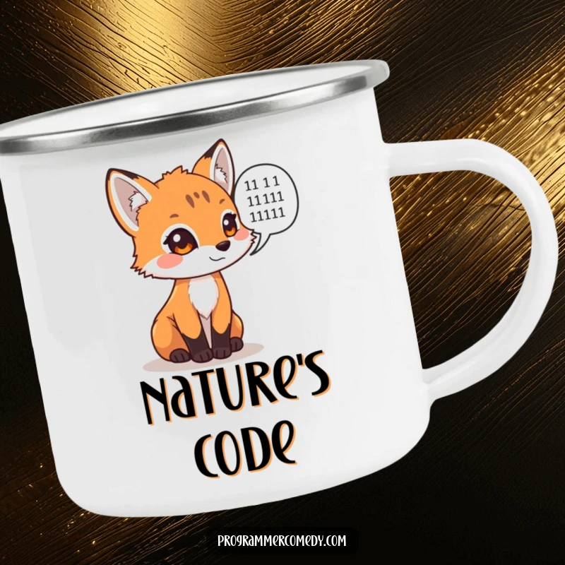 Funny fox cub with binary code speech bubble on a camping mug, a cool funny gift.