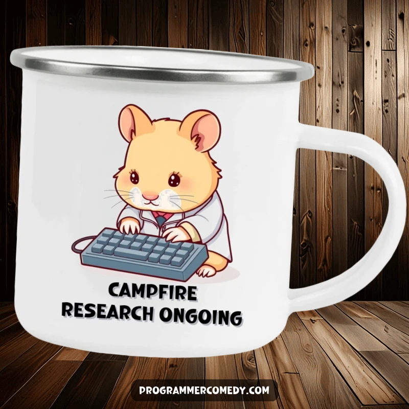 Funny hamster scientist camping mug showing a determined hamster in a lab coat typing on a miniature keyboard, perfect for outdoor humor.