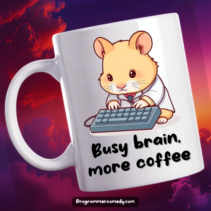 Funny hamster scientist mug showing a determined hamster in a lab coat typing on a miniature keyboard, embodying tiny brilliance.