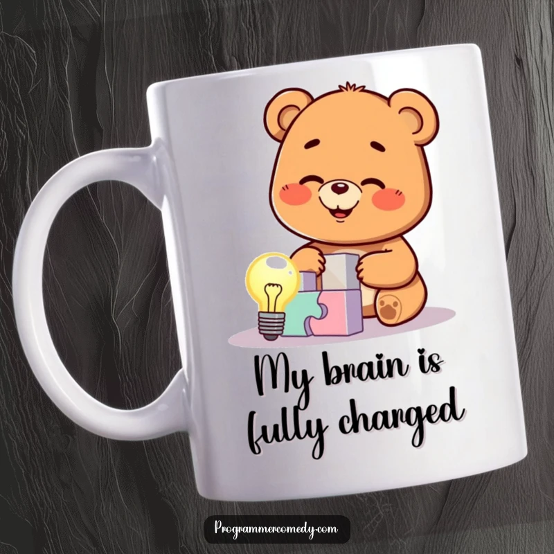 Funny bear cub character excitedly solving a complex puzzle, lightbulb glowing above its head, symbolizing intelligence and wit, perfect for a gift.