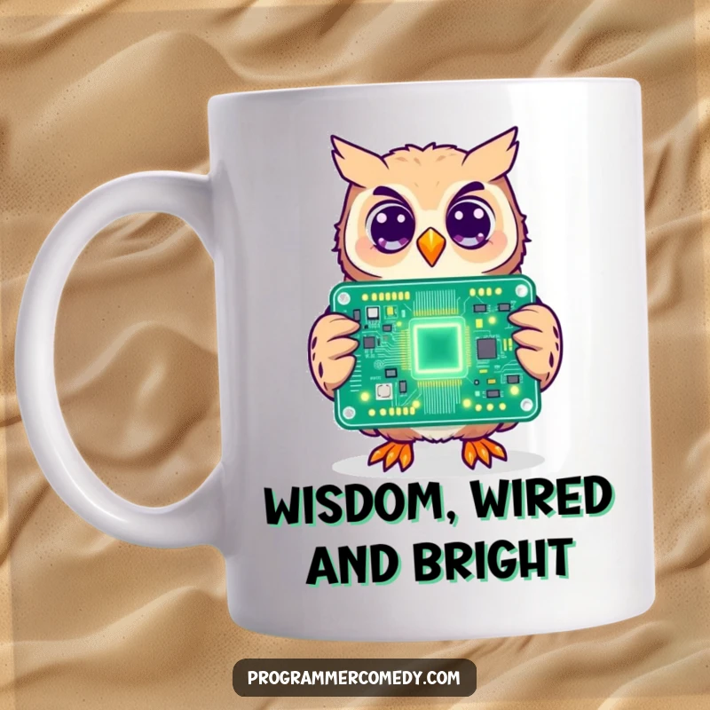 Funny owl mug depicting a cheerful owl holding a large, glowing circuit board, showcasing tech-savvy wisdom and humor.