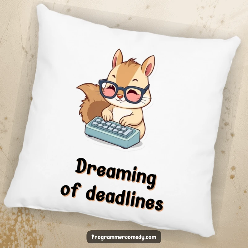Funny squirrel pillow featuring a cute, bespectacled squirrel typing enthusiastically on a miniature keyboard, offering comfort and laughs.