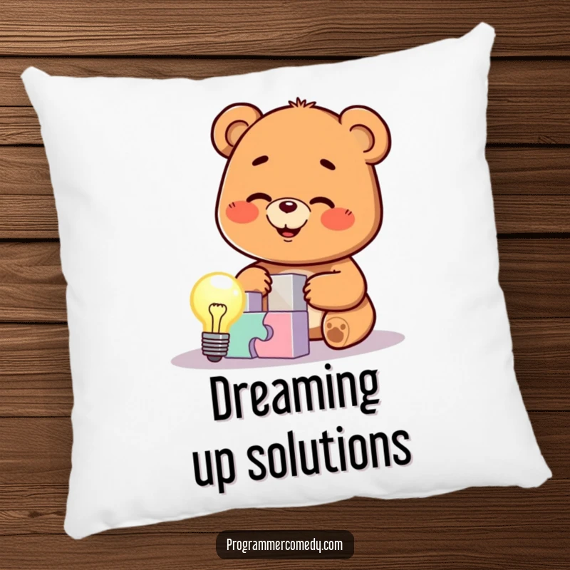 Soft, comfortable pillow featuring a funny bear cub character solving a complex puzzle with a glowing lightbulb, perfect for a cozy, humorous accent.