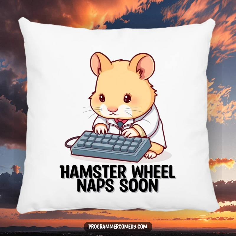 Funny hamster scientist pillow depicting a determined hamster in a lab coat typing on a miniature keyboard, offering a comical and comforting decorative element.