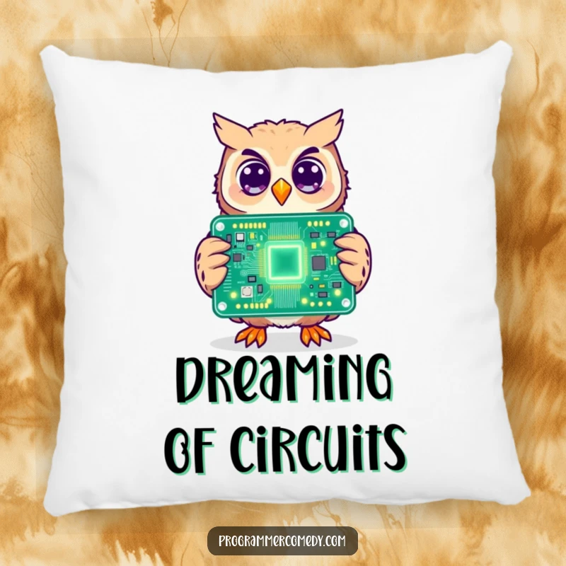 Funny owl pillow featuring a cheerful owl holding a large, illuminated circuit board, offering smart comfort and laughs.