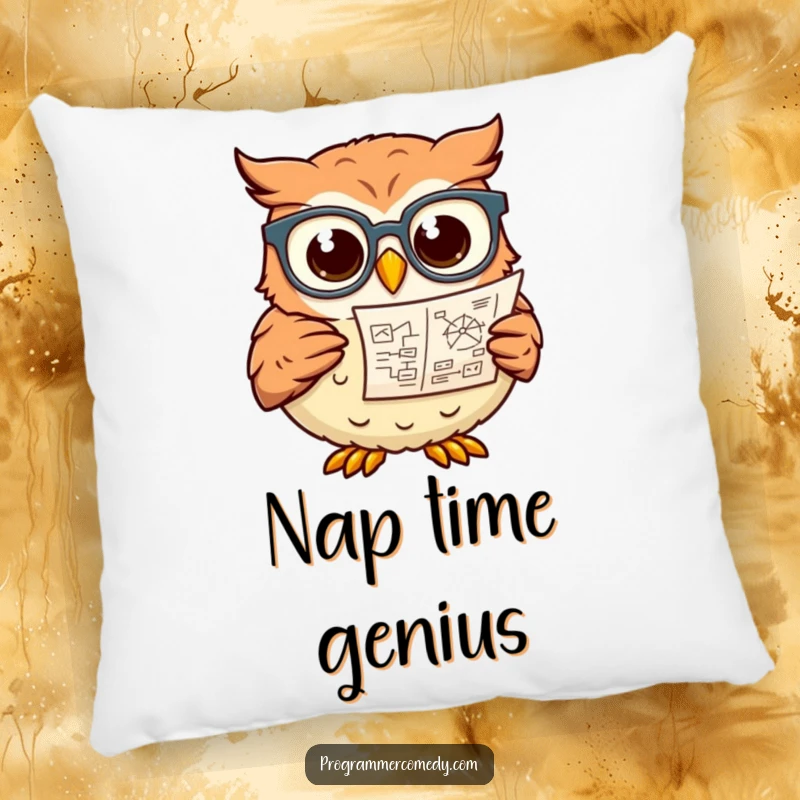 Funny owl in glasses studies a complicated diagram on a soft pillow, a cozy and humorous gift.
