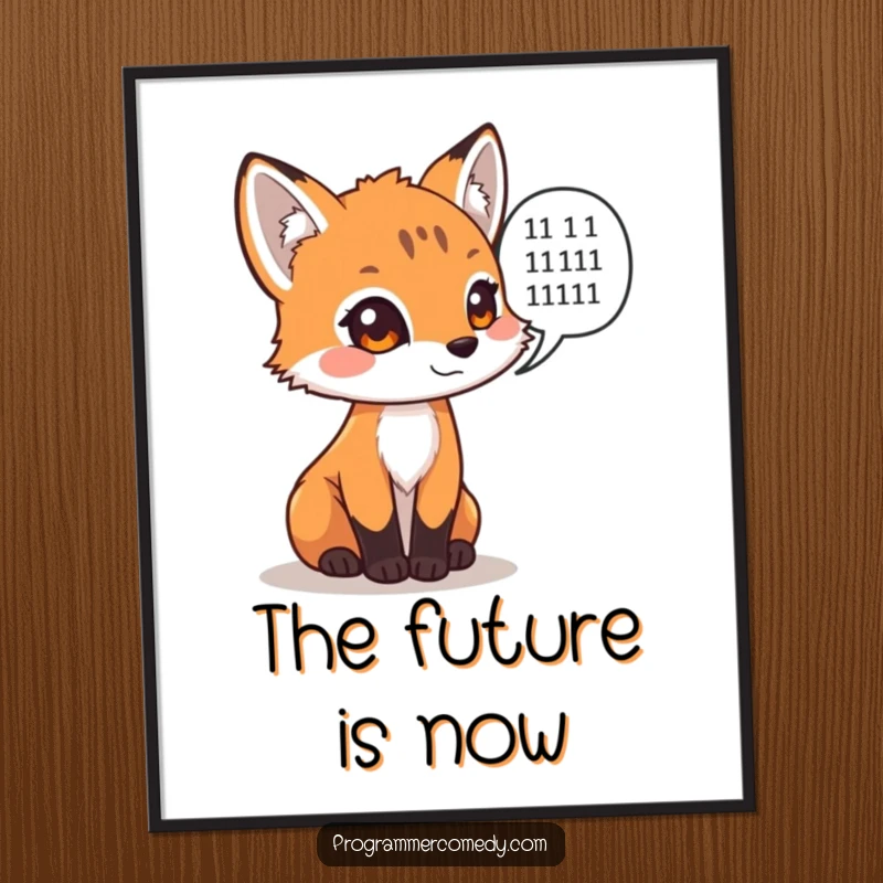 Funny fox cub with binary code speech bubble on a digital art print, a smart and funny gift.