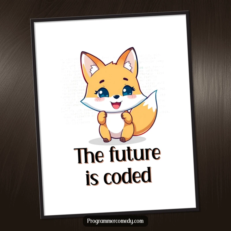 Funny fox digital art print of a joyful character analyzing code on a holographic display, ready to bring smiles.