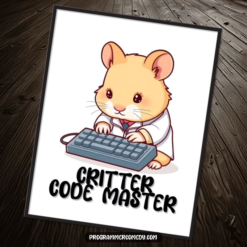 Funny hamster scientist digital art print of a determined hamster in a lab coat typing on a miniature keyboard, evoking tiny brilliance and humor.