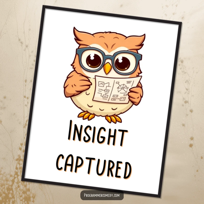 Funny owl wearing glasses intently studies a complex diagram in this humorous digital art print, a perfect funny gift.