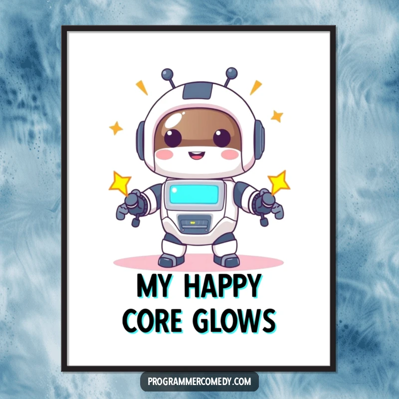 Funny robot animal digital art print of a happy character powering up with a bright screen, ready to bring smiles.