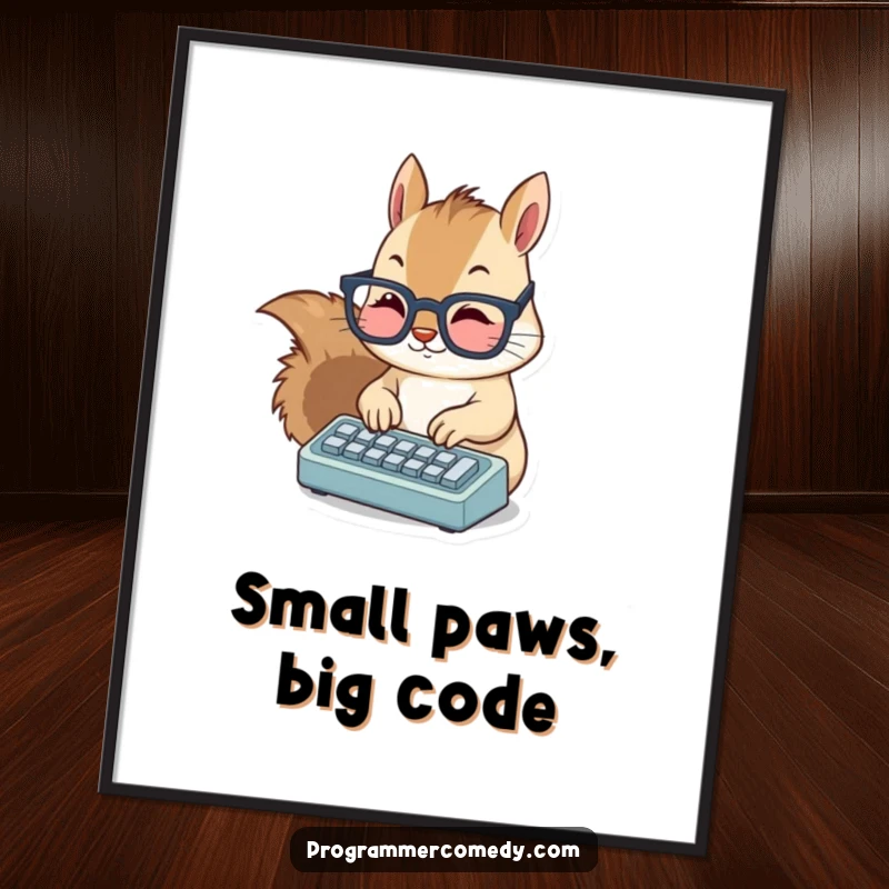Funny squirrel digital art print of a cute, bespectacled squirrel typing on a tiny keyboard, ready to bring smiles.