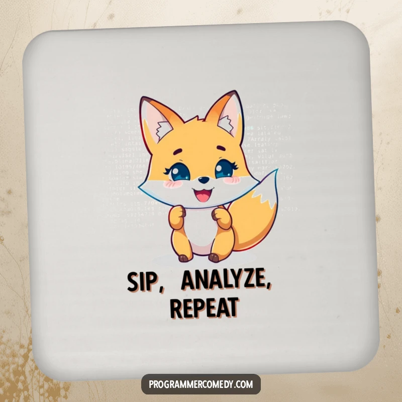 Funny fox drink coaster with a joyful character analyzing code on a holographic display, perfect for techie desks.