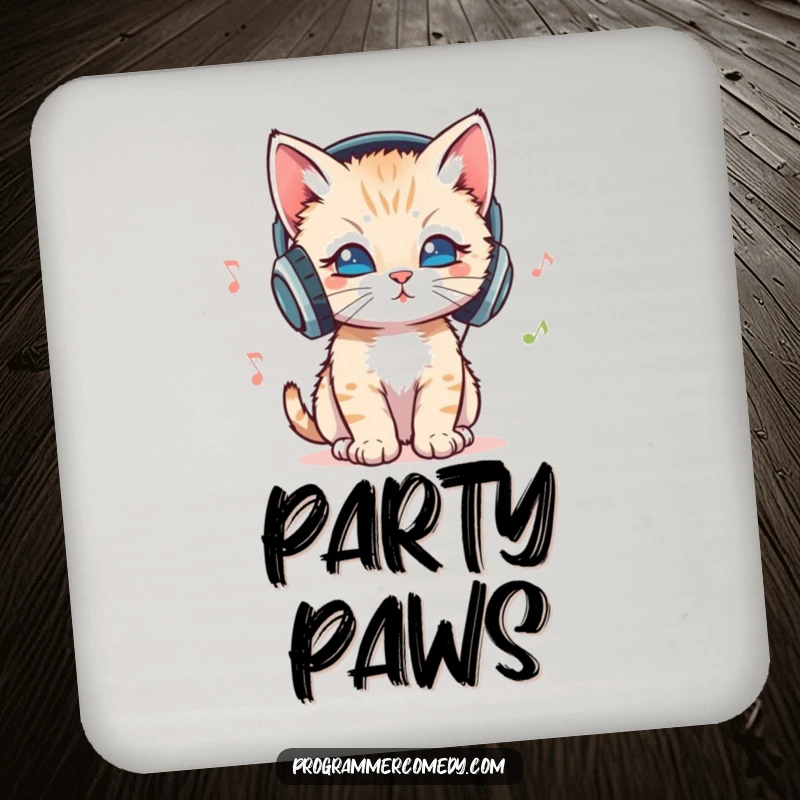 Funny kitten with headphones bopping head to music on a drink coaster, a fun funny gift.
