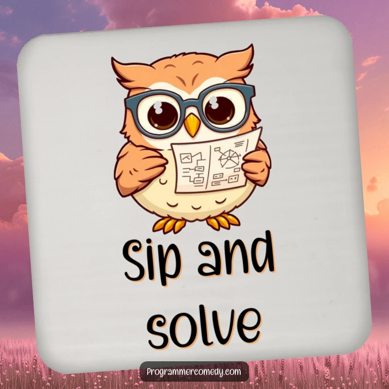 Funny owl in glasses studies a complex diagram on a drink coaster, a clever and humorous gift.