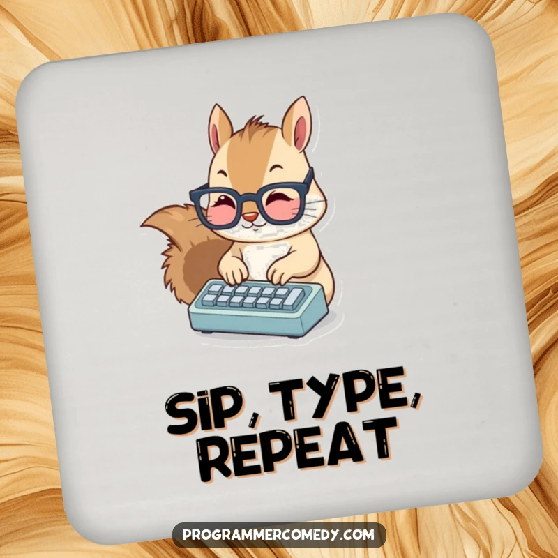 Funny squirrel drink coaster with a cute, bespectacled squirrel typing on a miniature keyboard, perfect for techie desks.