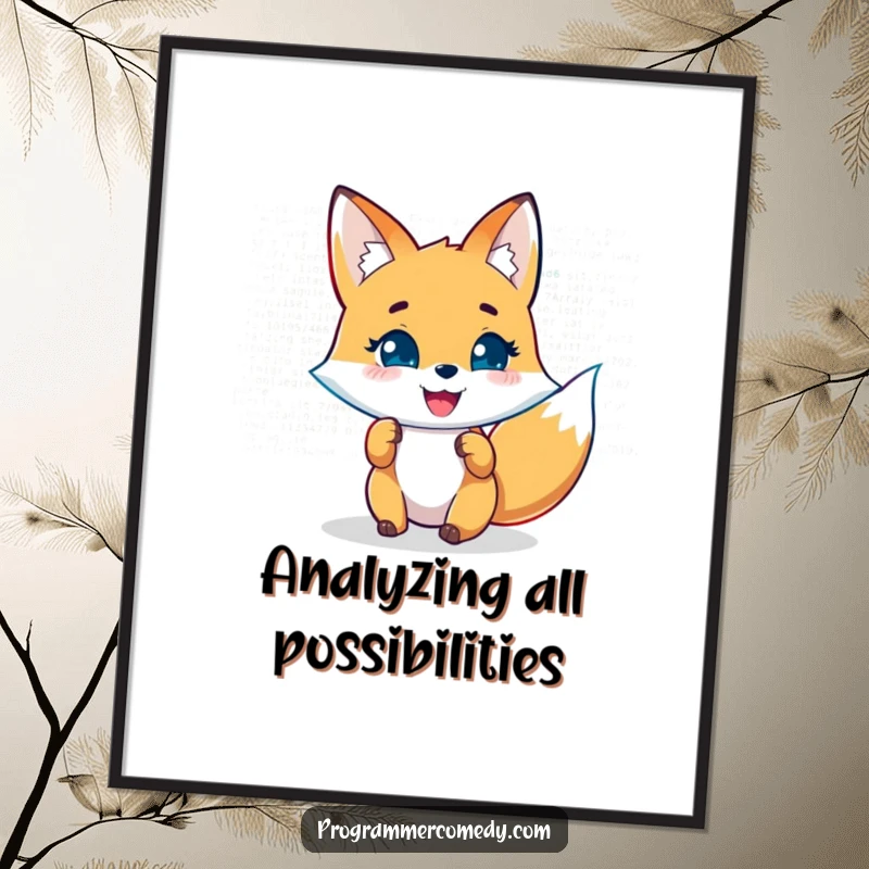 Funny fox poster of a joyful character analyzing lines of code on a holographic display, ideal for tech humor decor.