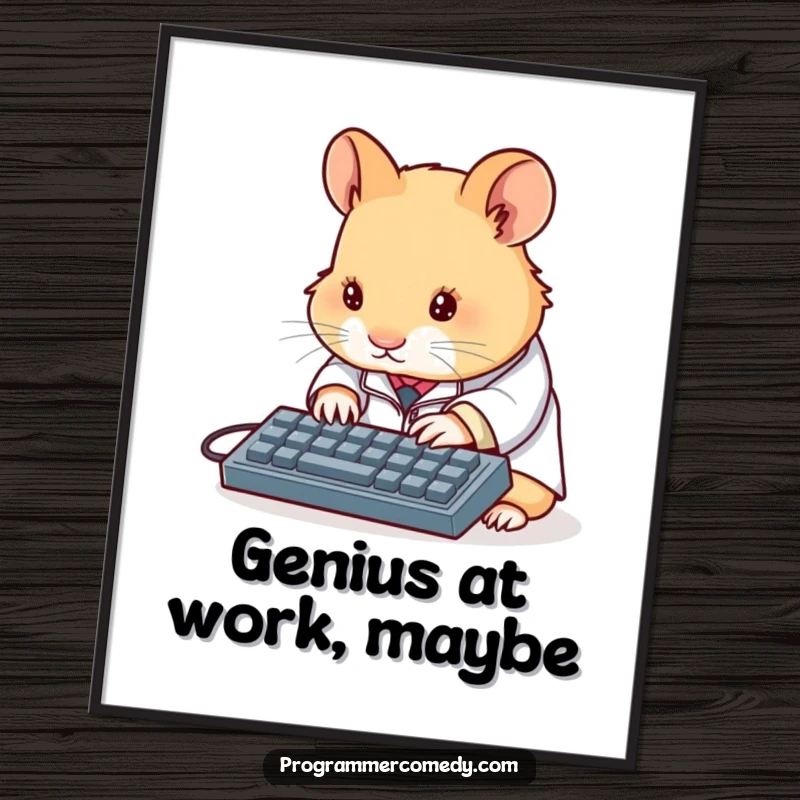 Funny hamster scientist poster showing a determined hamster in a lab coat typing on a miniature keyboard, representing humorous intellectual pursuit.