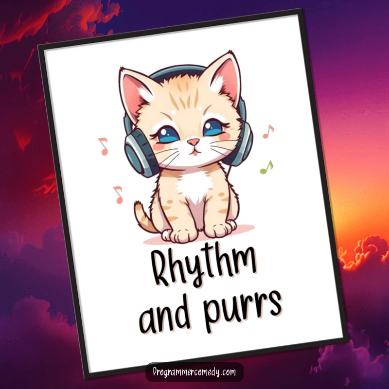 Funny kitten with headphones bopping its head to unseen music on a poster, an awesome funny gift.