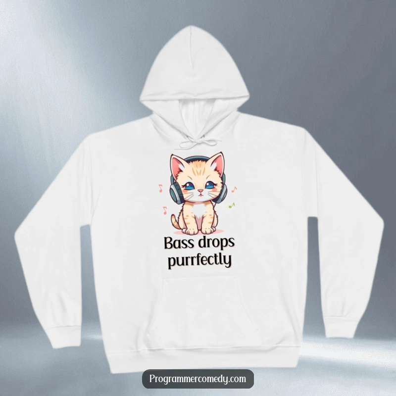 Funny kitten wearing headphones bops its head to music on a cozy hoodie, a purrfect funny gift.