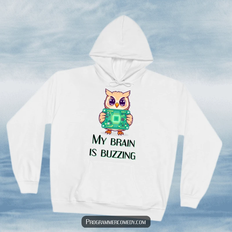 Funny owl hoodie with a cheerful owl holding a large, glowing circuit board, embodying smart and cozy tech humor.