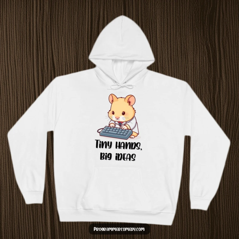 Funny hamster scientist hoodie featuring a determined hamster in a lab coat typing on a miniature keyboard, perfect for cozying up with intellectual humor.