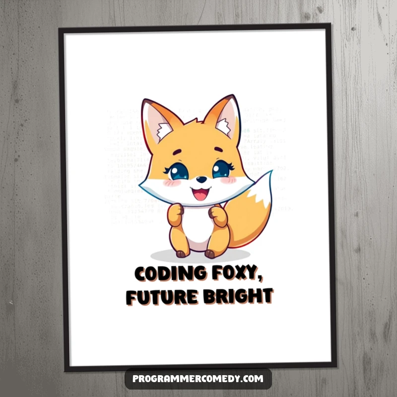 Funny Free Printable Fox Wall Art: A joyful fox character analyzes lines of code on a futuristic holographic display, adding geeky charm.