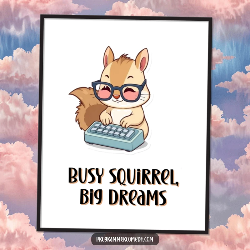 Funny Free Printable Squirrel Wall Art: A squirrel wearing glasses enthusiastically types on a tiny keyboard, adding a touch of nerdy charm.