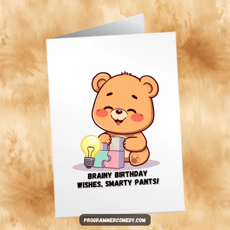 Funny Free Printable Birthday Card: Bear cub with lightbulb over head, solving a puzzle, ready to download.