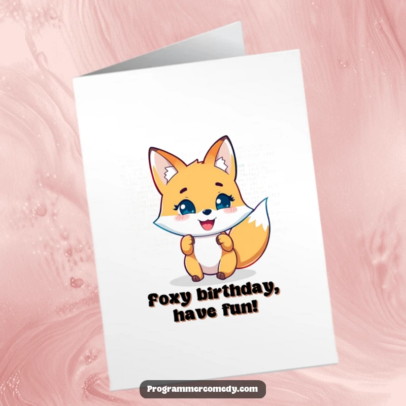 Funny Free Printable Birthday Card: A joyful fox analyzes code on a holographic display, perfect for a programmer's birthday wish.