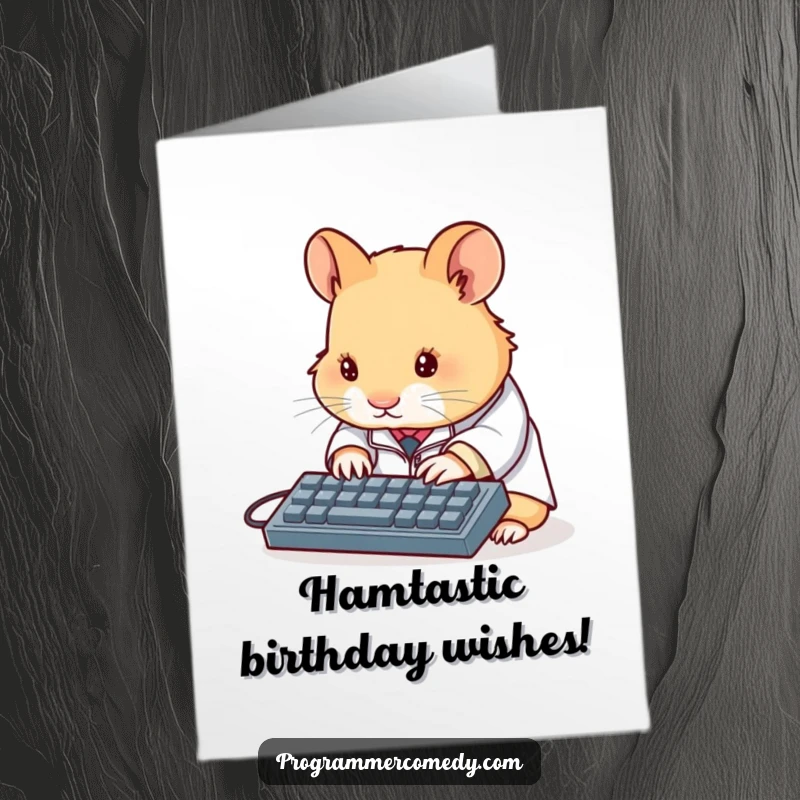 Free Printable Birthday Card: A determined hamster in a lab coat diligently types on a miniature keyboard, ready to celebrate.