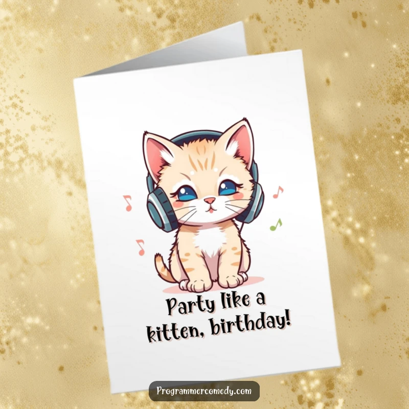 Funny Free Printable Birthday Card with a cool kitten wearing headphones, bopping its head to music, ideal for a birthday bash.
