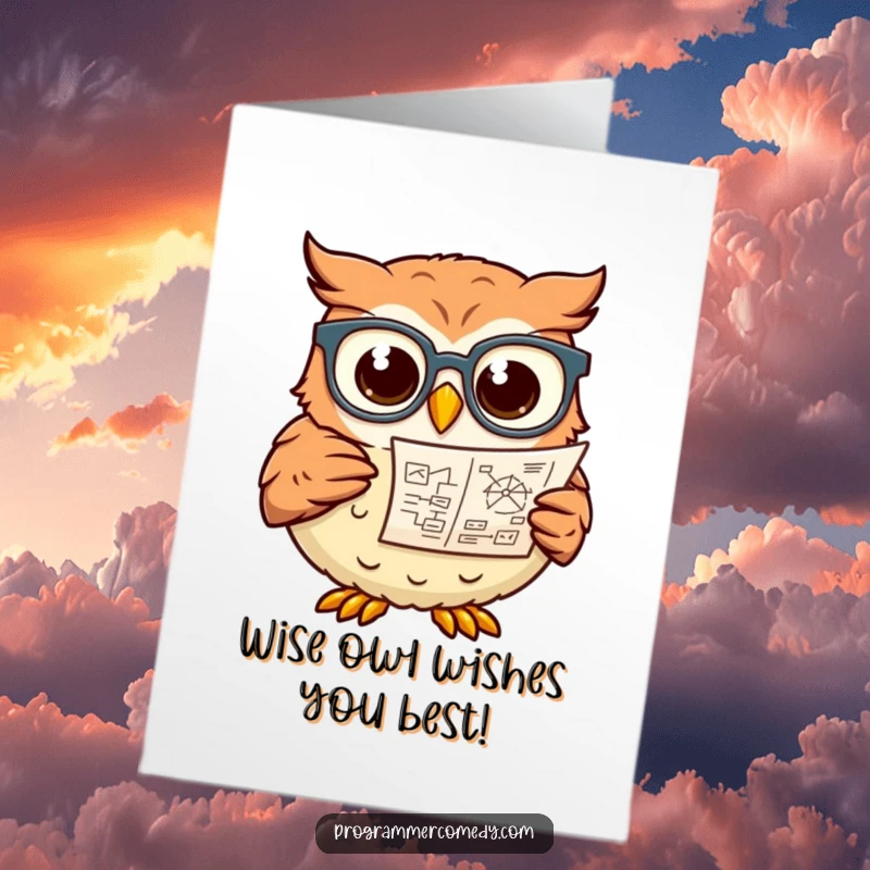 Funny Free Printable Birthday Card featuring a wise owl in glasses studying a complex diagram, perfect for a smart friend.