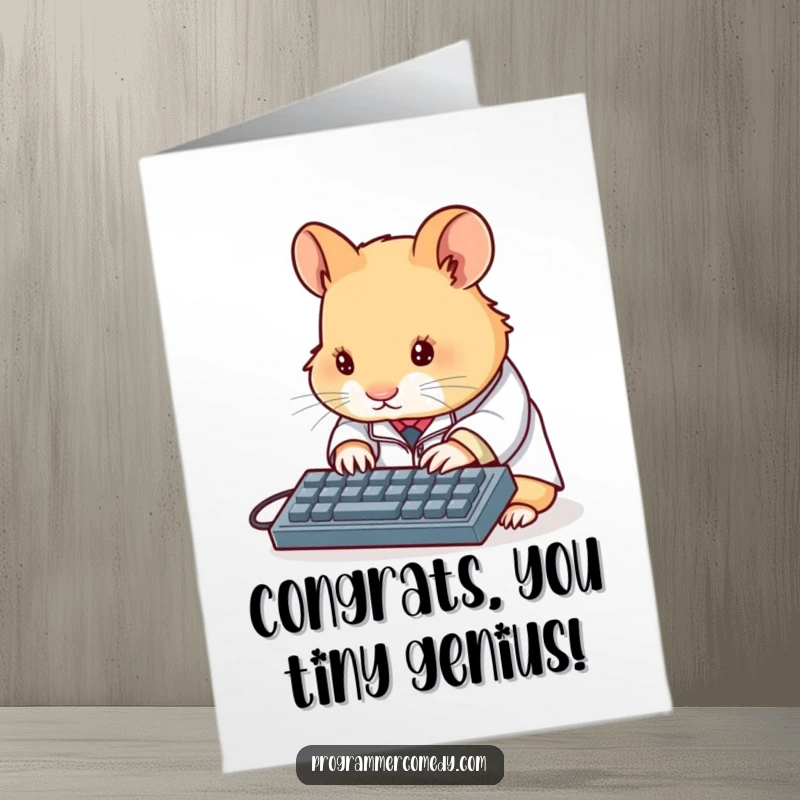 Free Printable Congratulations Card: A determined hamster scientist types away, celebrating a brilliant success.