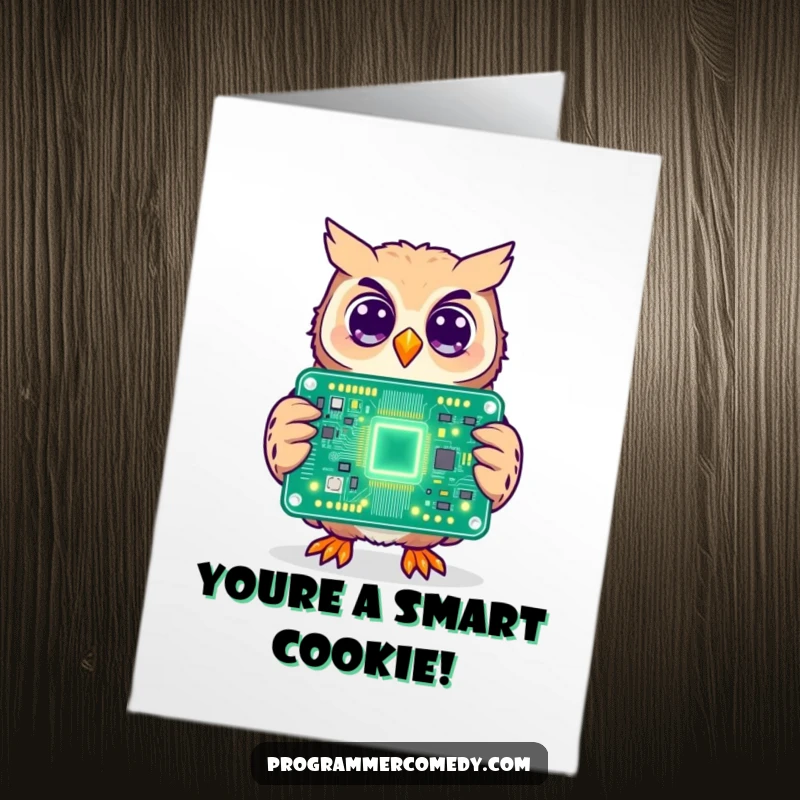 Funny Free Printable Congratulations Card: A cheerful owl holds a glowing circuit board, celebrating a smart and successful endeavor.