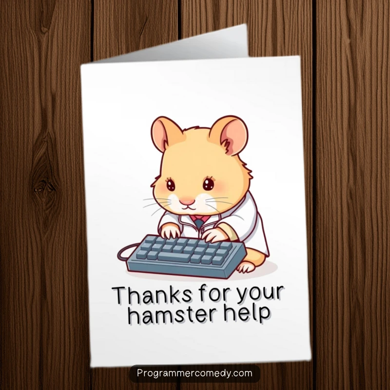 Free Printable Thank You Card: A determined hamster in a lab coat types on a keyboard, offering thanks.