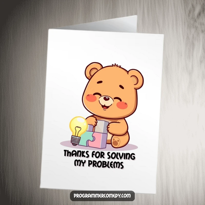 Funny Free Printable Thank You Card: Smiling bear cub brilliantly solves a puzzle, expressing thanks, printable.