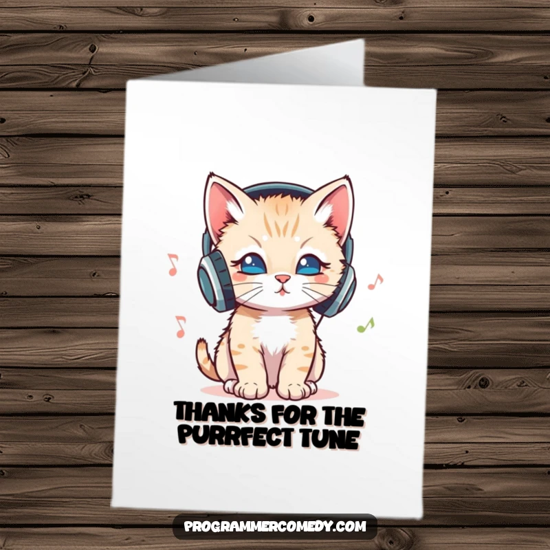 Funny Free Printable Thank You Card with a stylish kitten in headphones, head-bopping to music, expressing appreciation creatively.