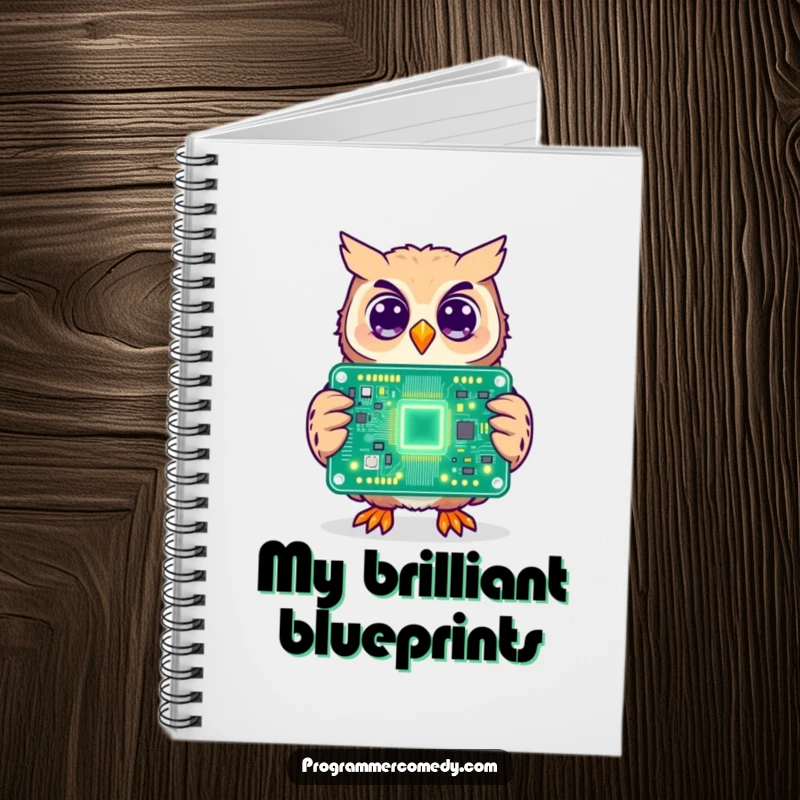 Funny owl notebook with a cheerful owl holding a large, glowing circuit board, perfect for capturing smart ideas.