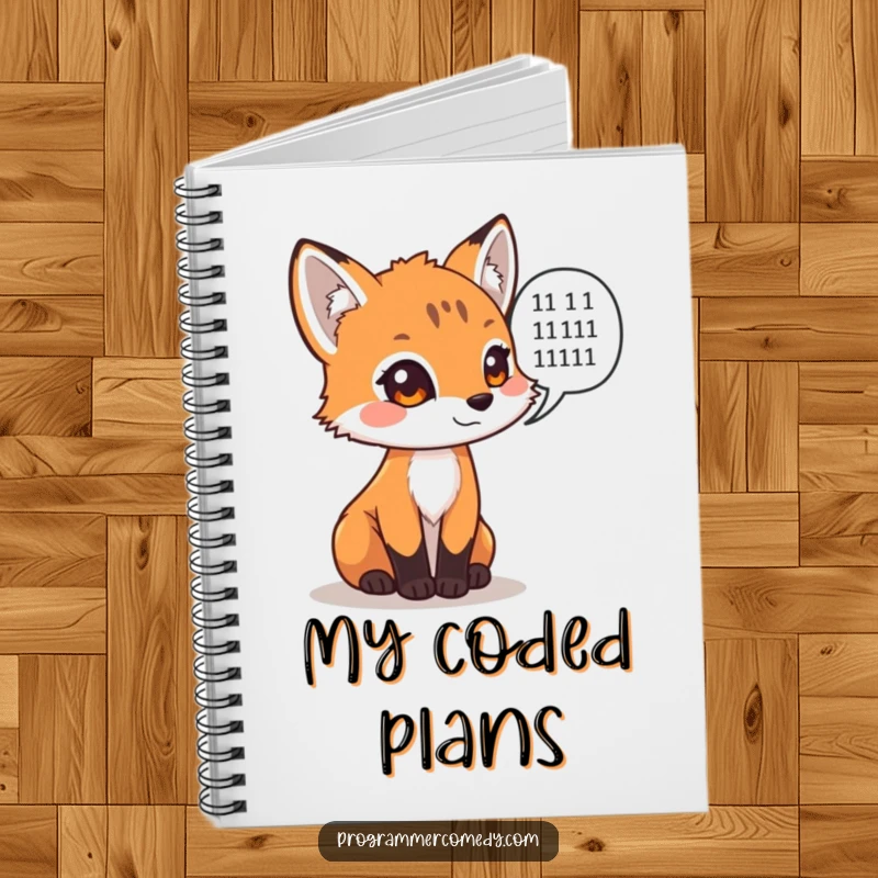 Funny fox cub with binary code speech bubble on a notebook cover, a smart funny gift.