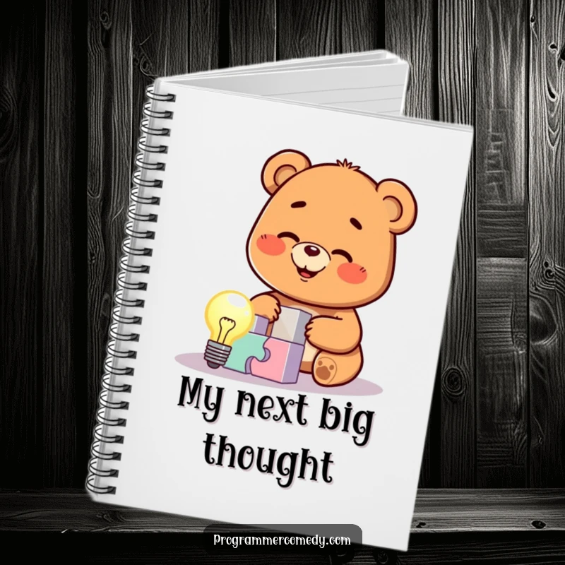 Funny bear cub character demonstrating a lightbulb moment while solving a puzzle on the cover of a notebook, ideal for note-taking and gifts.
