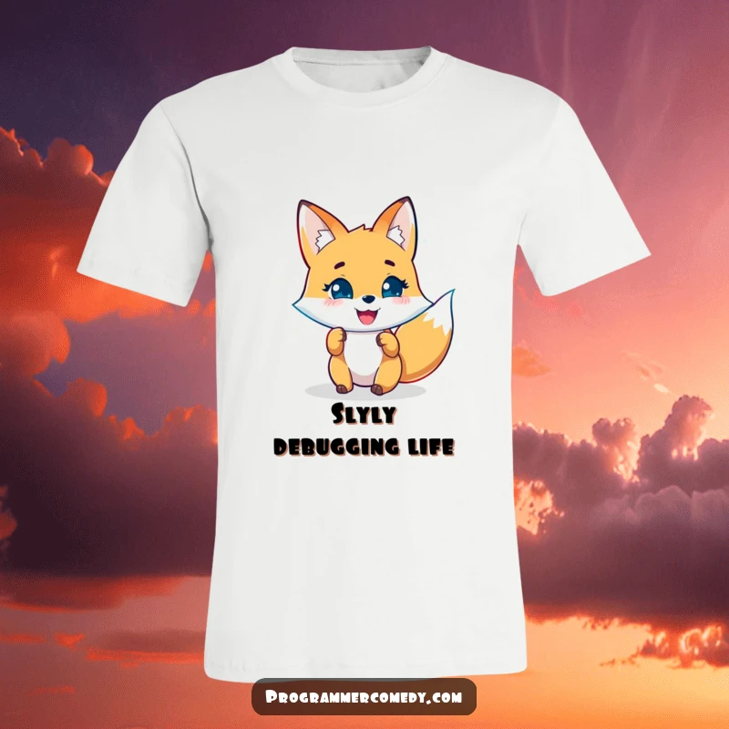 Funny fox T-shirt featuring a joyful character analyzing lines of code on a holographic display, perfect for tech humor.