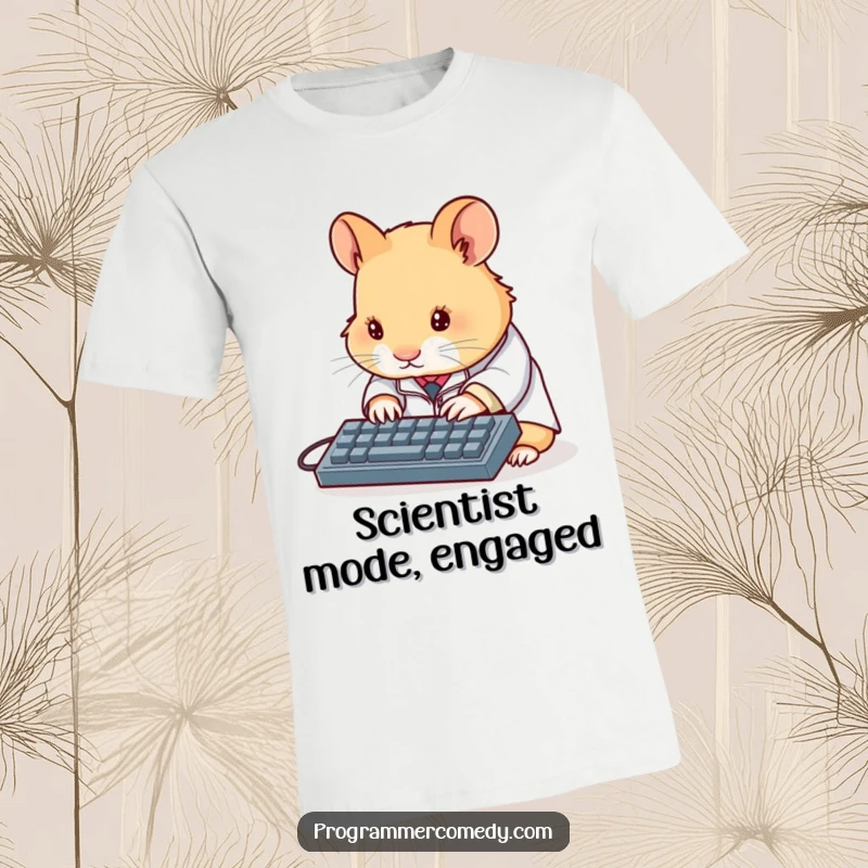 Funny hamster scientist t-shirt depicting a small, determined hamster in a tiny lab coat typing on a miniature keyboard, highlighting intellectual humor.